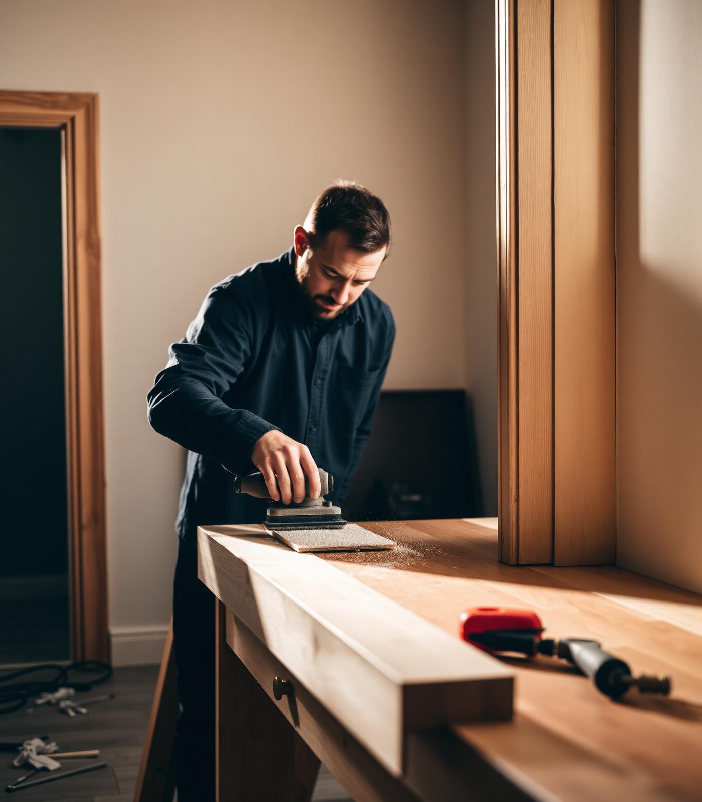 Craftsman preparing wood trim in a bright renovation site