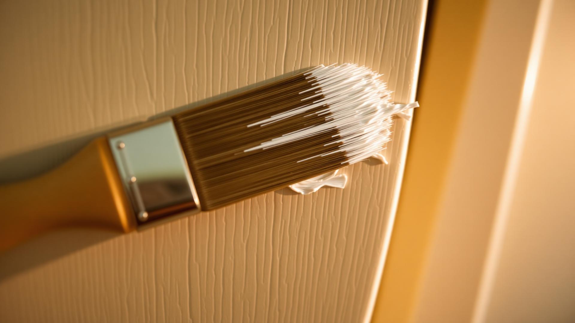 Close up of paintbrush applying white paint to interior trim