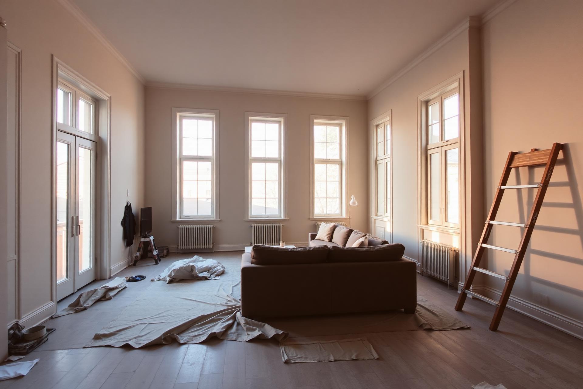 Interior of a home mid-renovation with warm natural light