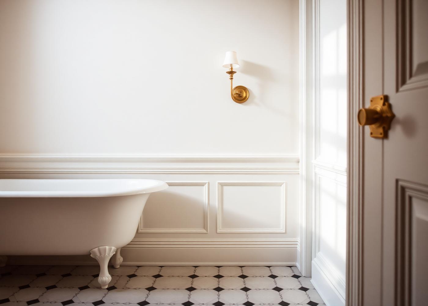 Freshly painted bathroom with vintage tile floor and brass sconce