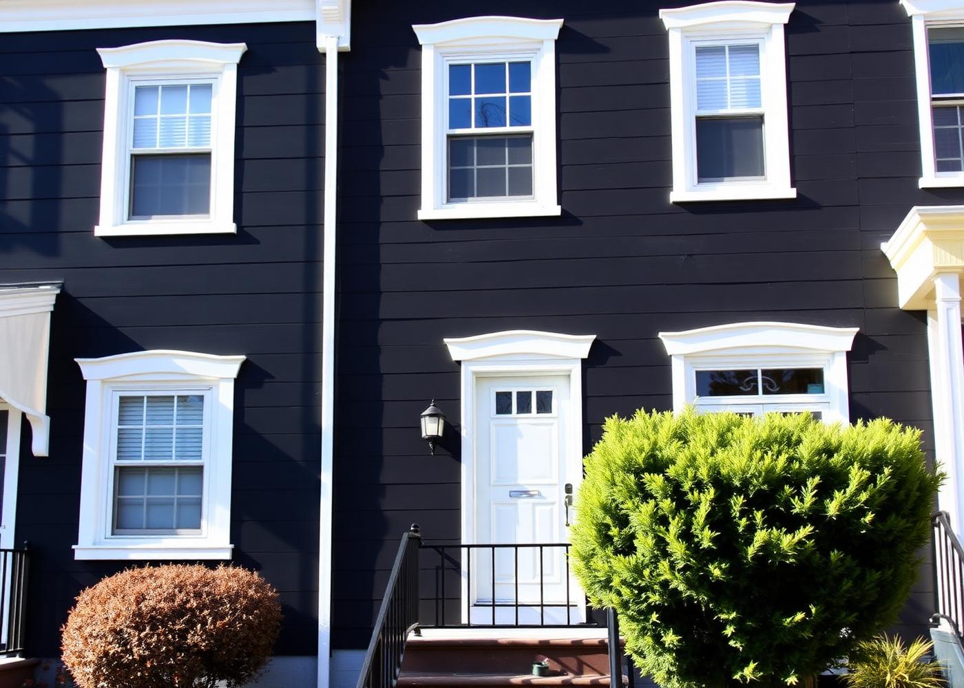 Freshly painted townhouse exterior with dark facade and white trim
