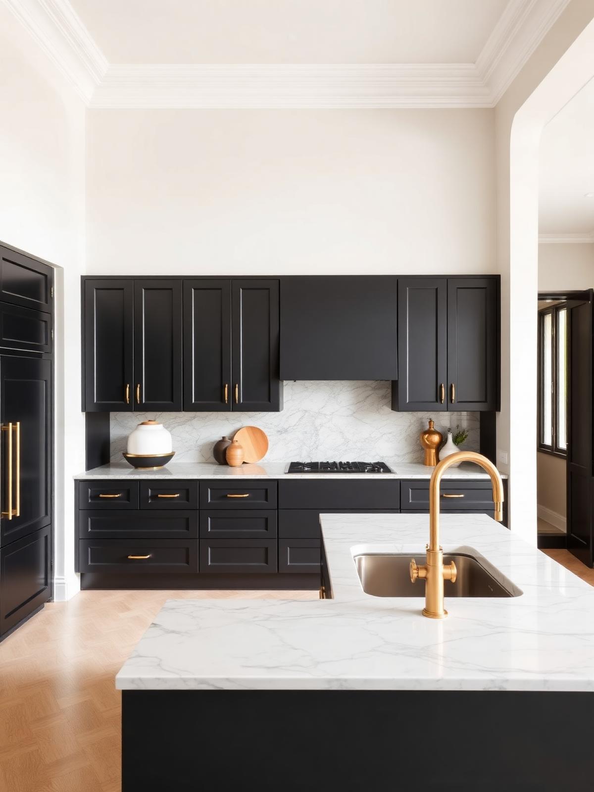 Modern renovated kitchen with matte black cabinetry and brass fixtures